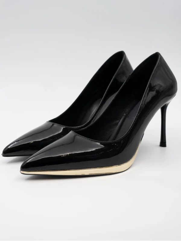 GOLD METAL DETAYLI DERİ STİLETTO SİYAH