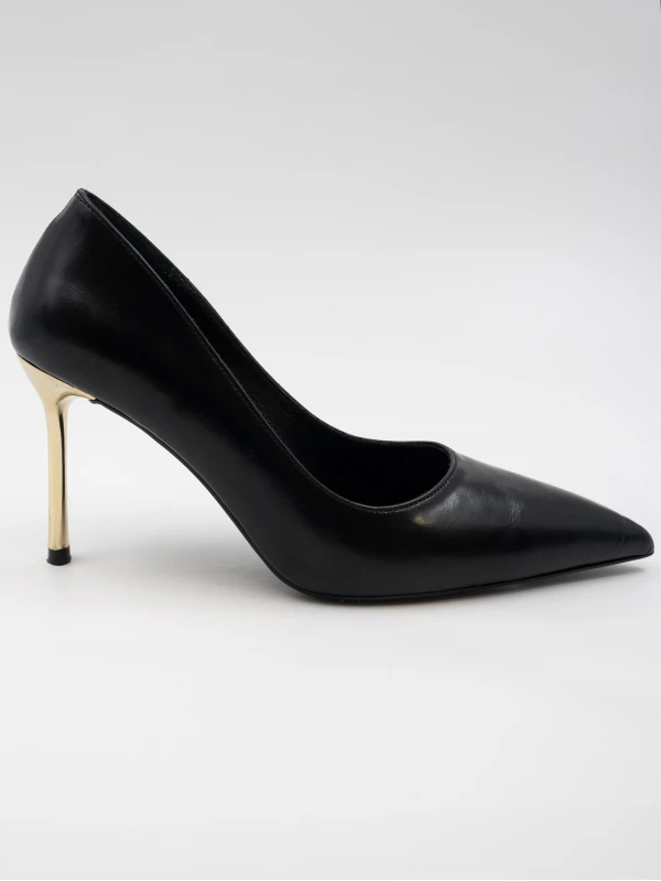 GOLD TOPUK DETAYLI DERİ STİLETTO SİYAH