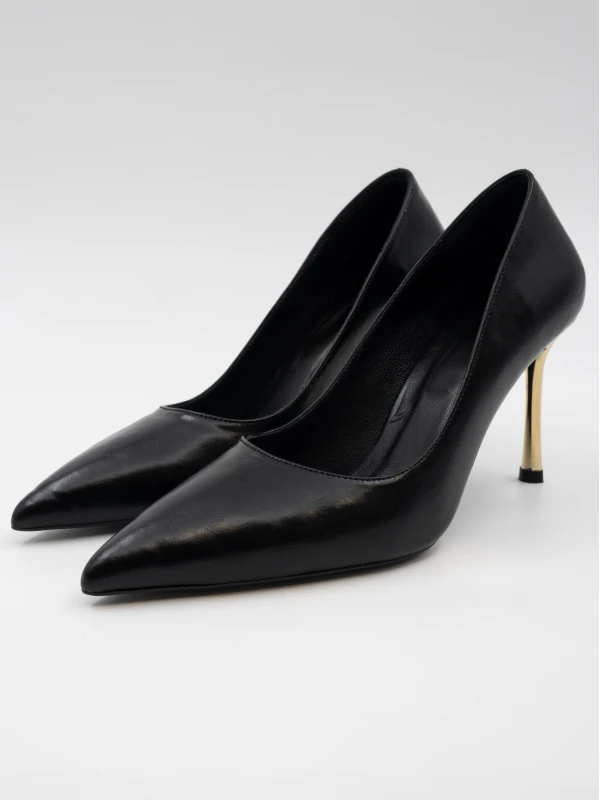 GOLD TOPUK DETAYLI DERİ STİLETTO SİYAH