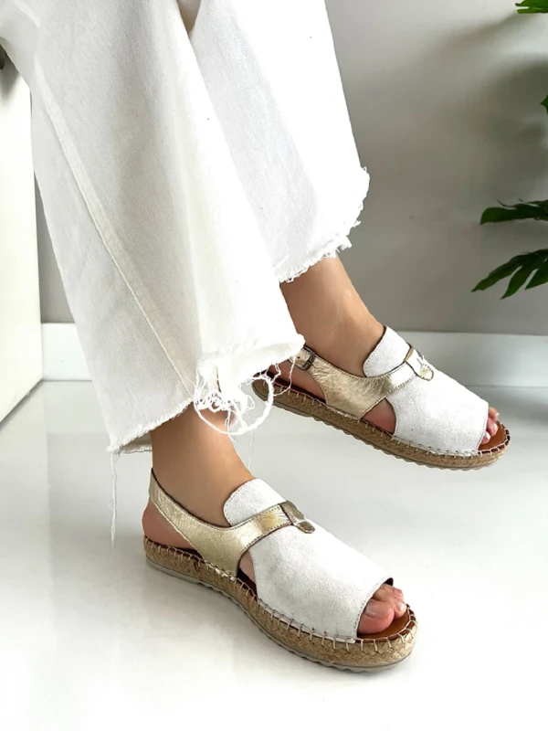 HASIR TABAN DERİ SÜET SANDALET BEYAZ