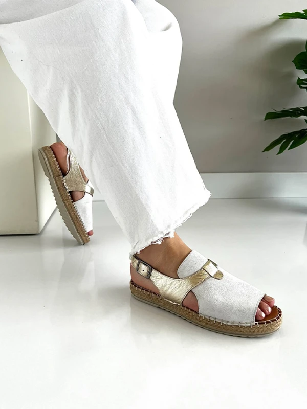 HASIR TABAN DERİ SÜET SANDALET BEYAZ