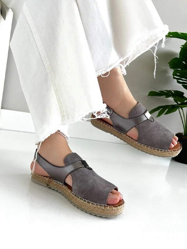 HASIR TABAN DERİ SÜET SANDALET GRİ