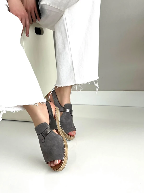 HASIR TABAN DERİ SÜET SANDALET GRİ