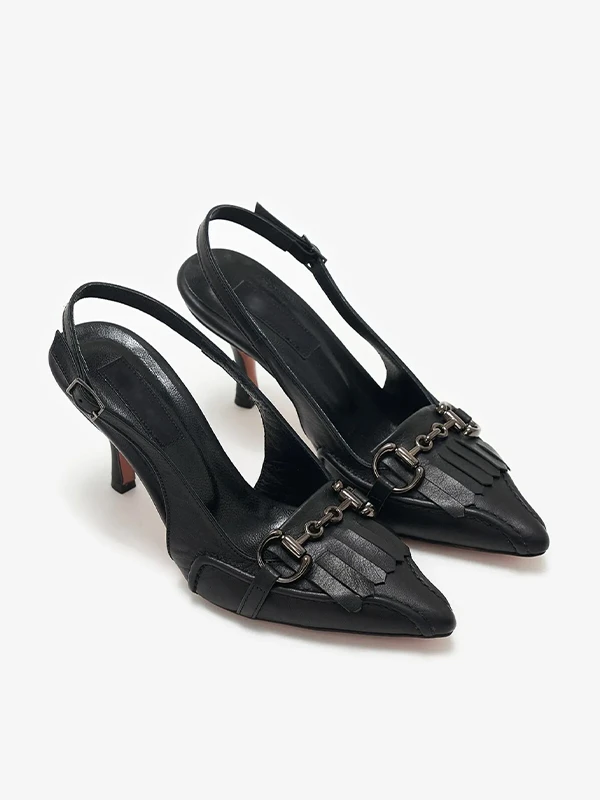 TOKA DETAYLI DERİ TOPUKLU KADIN AYAKKABI SİYAH