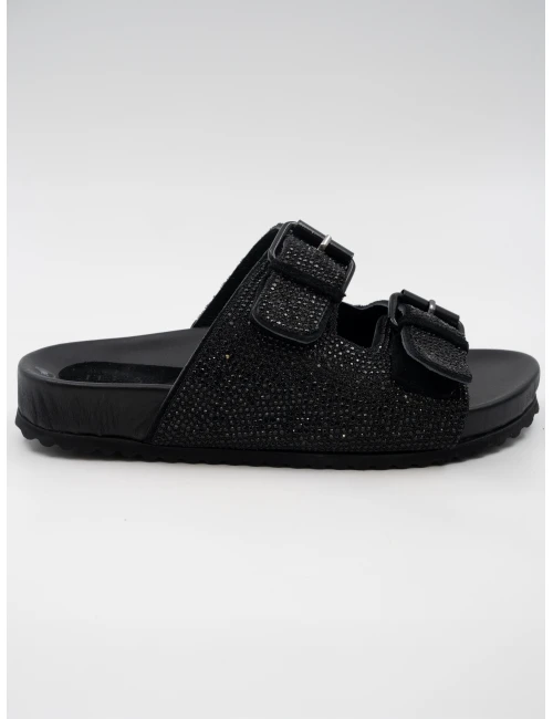 ÇİFT KEMERLİ TAŞLI DERİ TERLİK SİYAH