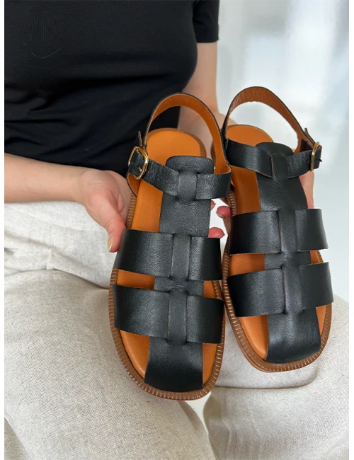 GLADYATÖR DERİ SANDALET SİYAH