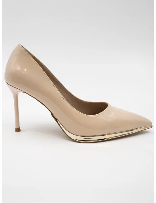 GOLD METAL DETAYLI DERİ STİLETTO BEJ