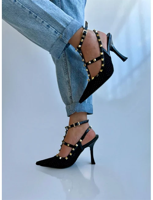 TAŞ İŞLEMELİ TOPUKLU AYAKKABI SİYAH