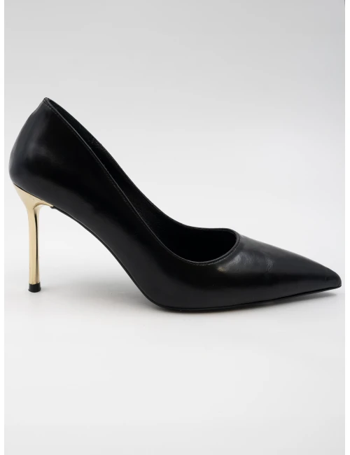 GOLD TOPUK DETAYLI DERİ STİLETTO SİYAH