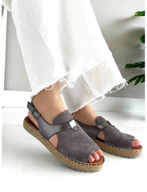 HASIR TABAN DERİ SÜET SANDALET GRİ