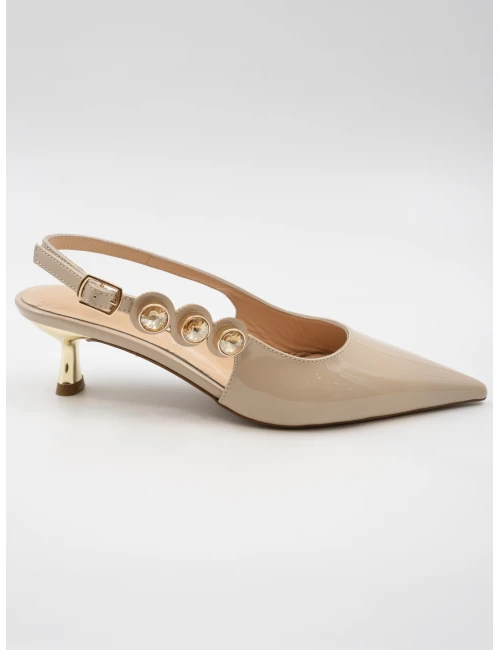 MİNİ TOPUK TAŞ DETAYLI STİLETTO BEJ