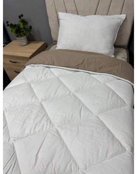 %100 Pamuk Ranforce Çift Kişilik Yorgan Çift Taraflı Sütlü Kahve-beyaz Düz Desenli Kapitoneli