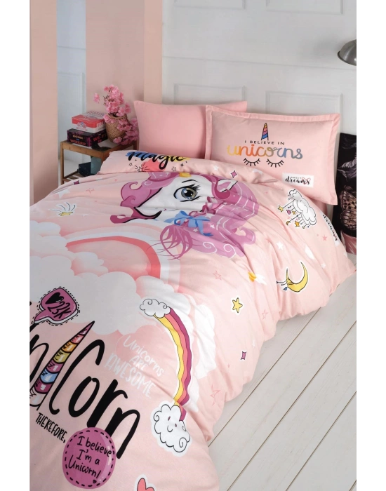 Ranforce %100 Pamuk Tek Kişilik Nevresim Takımı Pink Dreams V1 Pudra