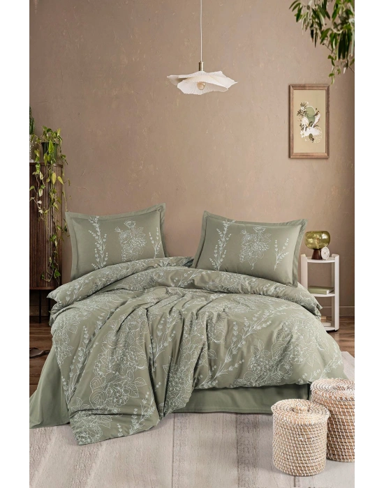 Clasy Ranforce %100 Pamuk Çift Kişilik Nevresim Takımı Vinya V1 Yeşil