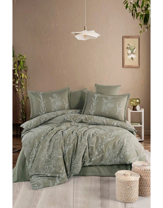 Clasy Ranforce %100 Pamuk Çift Kişilik Nevresim Takımı Vinya V1 Yeşil