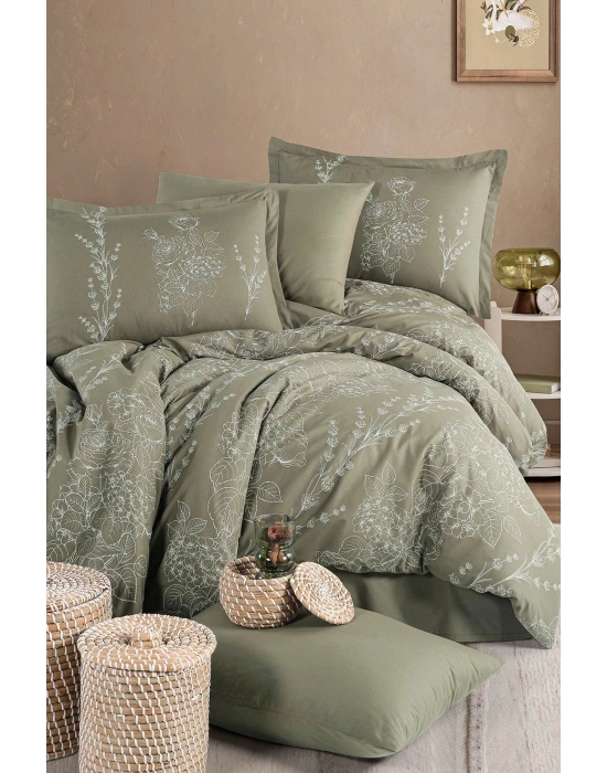 Clasy Ranforce %100 Pamuk Çift Kişilik Nevresim Takımı Vinya V1 Yeşil