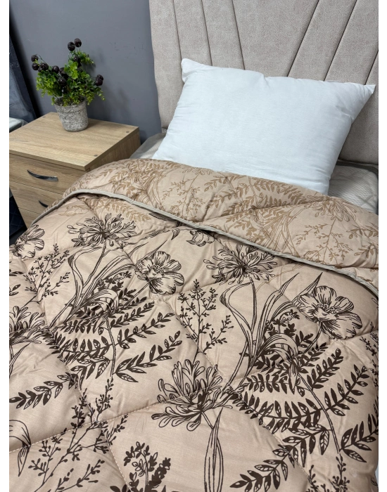 Clasy %100 Pamuk Saten Çift kişilik Yorgan Çift Taraflı Le Pale V1 Desenli Sütlü Kahve Kapitoneli