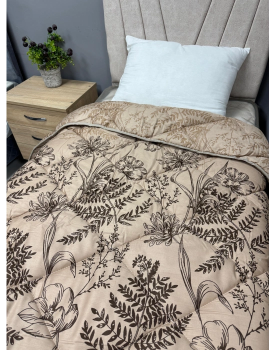 Clasy %100 Pamuk Saten Çift kişilik Yorgan Çift Taraflı Le Pale V1 Desenli Sütlü Kahve Kapitoneli