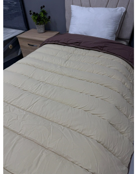 %100 Pamuk Ranforce Tek Kişilik Yorgan Çift Taraflı Kahve-Kapuçino Düz Desenli Kapitoneli