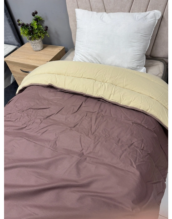 %100 Pamuk Ranforce Tek Kişilik Yorgan Çift Taraflı Kahve-Kapuçino Düz Desenli Kapitoneli