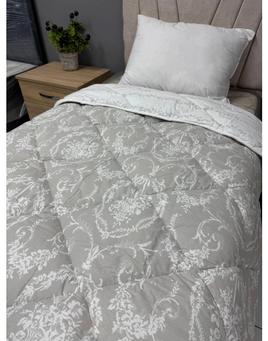 %100 Pamuk Ranforce Tek Kişilik Yorgan Çift Taraflı Sorti V1 Gri Desenli Kapitoneli