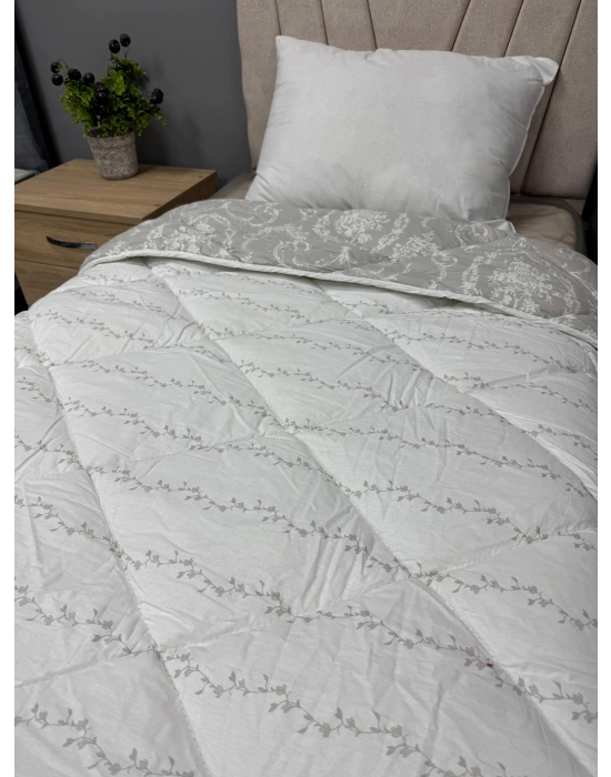 %100 Pamuk Ranforce Tek Kişilik Yorgan Çift Taraflı Sorti V1 Gri Desenli Kapitoneli