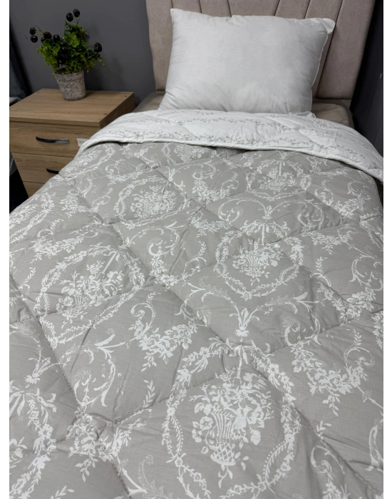 %100 Pamuk Ranforce Tek Kişilik Yorgan Çift Taraflı Sorti V1 Gri Desenli Kapitoneli