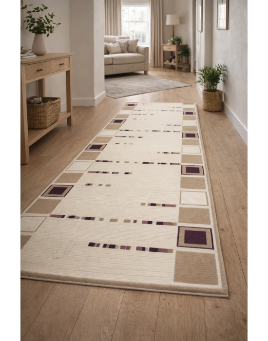 Padişah Halı Nepal Serisi %100 Akrilik Desenli 100x300 Bej-Mor Seri Sonu Halı