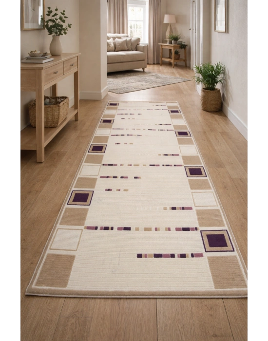 Padişah Halı Nepal Serisi %100 Akrilik Desenli 100x300 Bej-Mor Seri Sonu Halı