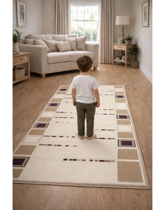 Padişah Halı Nepal Serisi %100 Akrilik Desenli 100x300 Bej-Mor Seri Sonu Halı