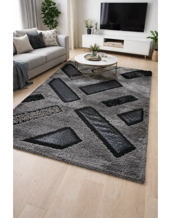 Padişah Halı Shaggy Leather Serisi %100 Akrilik 100x300 Siyah Renk Seri Sonu Halı Deri Halı
