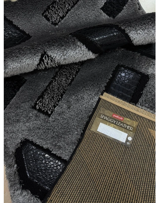 Padişah Halı Shaggy Leather Serisi %100 Akrilik 100x300 Siyah Renk Seri Sonu Halı Deri Halı
