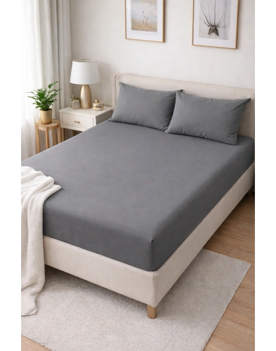 Clasy Ranforce Lastikli Çarşaf Seti Çift Kişilik Gri ÇKLÇ-240 %100 Pamuk