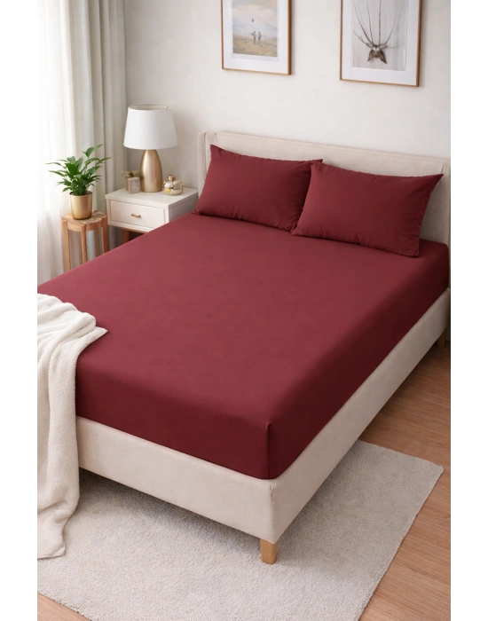 Clasy Ranforce Lastikli Çarşaf Seti Çift Kişilik Bordo ÇKLÇ-243 %100 Pamuk
