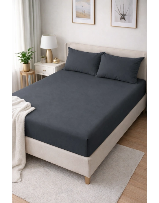 Clasy Ranforce Lastikli Çarşaf Seti Çift Kişilik Koyu Gri ÇKLÇ-244 %100 Pamuk
