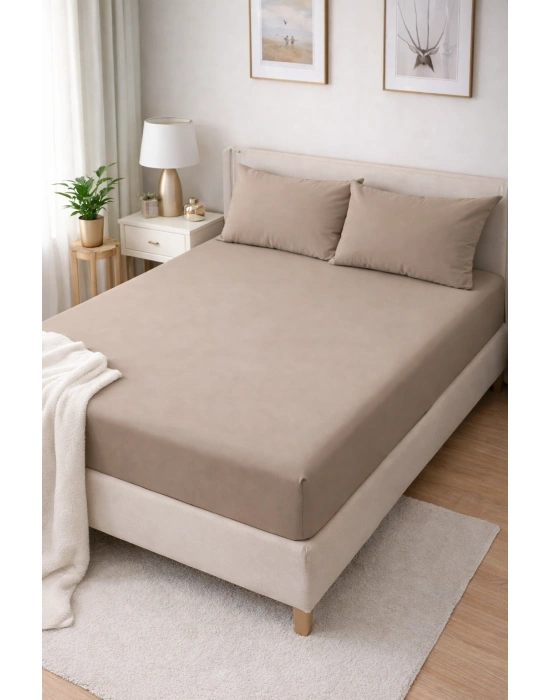 Clasy Ranforce Lastikli Çarşaf Seti Çift Kişilik Bej-Açık Kahverengi ÇKLÇ-247 %100 Pamuk