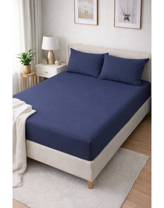 Clasy Ranforce Lastikli Çarşaf Seti Çift Kişilik Lacivert ÇKLÇ-248 %100 Pamuk