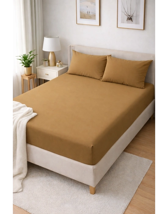 Clasy Ranforce Lastikli Çarşaf Seti Çift Kişilik Hardal ÇKLÇ-251 %100 Pamuk