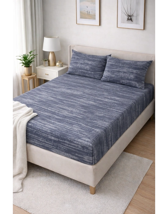 Clasy Ranforce Lastikli Çarşaf Seti Çift Kişilik Mavi-Gri ÇKLÇ-252 %100 Pamuk