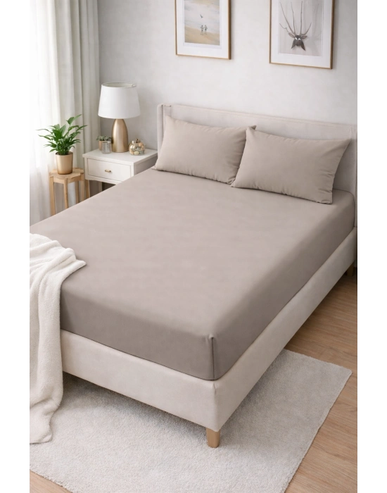 Clasy Ranforce Lastikli Çarşaf Seti Çift Kişilik Taş Gri ÇKLÇ-255 %100 Pamuk