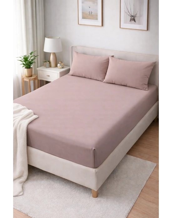 Clasy Ranforce Lastikli Çarşaf Seti Çift Kişilik Gül Kurusu ÇKLÇ-259 %100 Pamuk