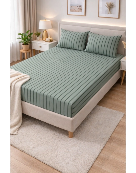 Clasy Ranforce Lastikli Çarşaf Seti Çift Kişilik Sage Yeşili ÇKLÇ-261 %100 Pamuk