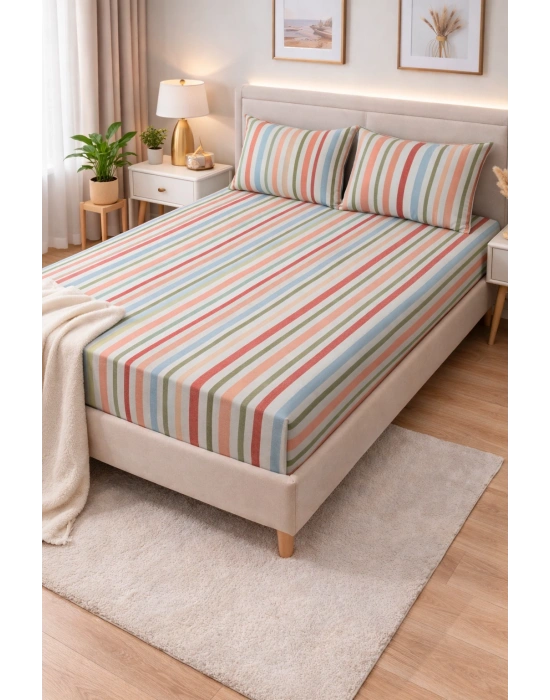 Clasy Ranforce Lastikli Çarşaf Seti Çift Kişilik Çizgili Çok Renkli ÇKLÇ-262 %100 Pamuk