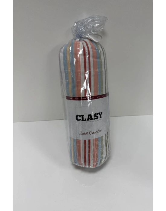 Clasy Ranforce Lastikli Çarşaf Seti Çift Kişilik Çizgili Çok Renkli ÇKLÇ-262 %100 Pamuk