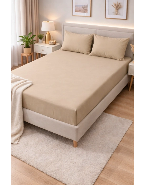 Clasy Ranforce Lastikli Çarşaf Seti Çift Kişilik Bej-Sarı ÇKLÇ-264 %100 Pamuk