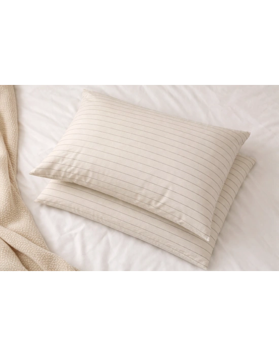 Clasy Ranforce %100 Pamuk 2 Adet Yastık Kılıfı Çizgili Desen Krem