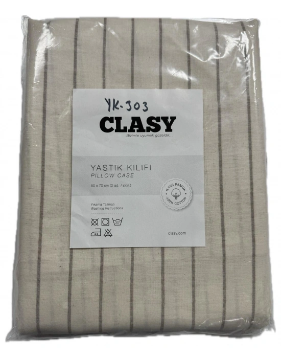 Clasy Ranforce %100 Pamuk 2 Adet Yastık Kılıfı Çizgili Desen Krem