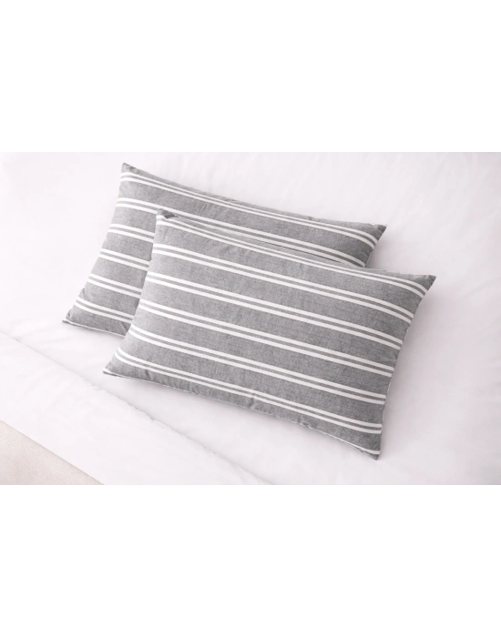 Clasy Ranforce %100 Pamuk 2 Adet Yastık Kılıfı Çizgili Desen Gri