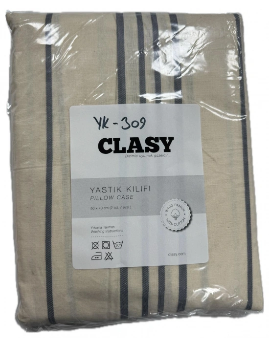 Clasy Ranforce %100 Pamuk 2 Adet Yastık Kılıfı Çizgili Desenli Bej