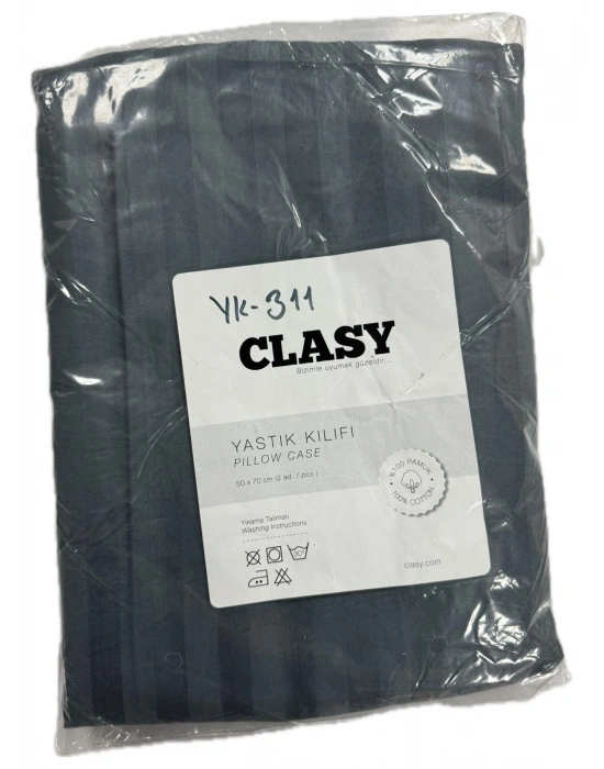 Clasy %100 Pamuk Saten 2 Adet Yastık Kılıfı Çizgili Desenli Mavi
